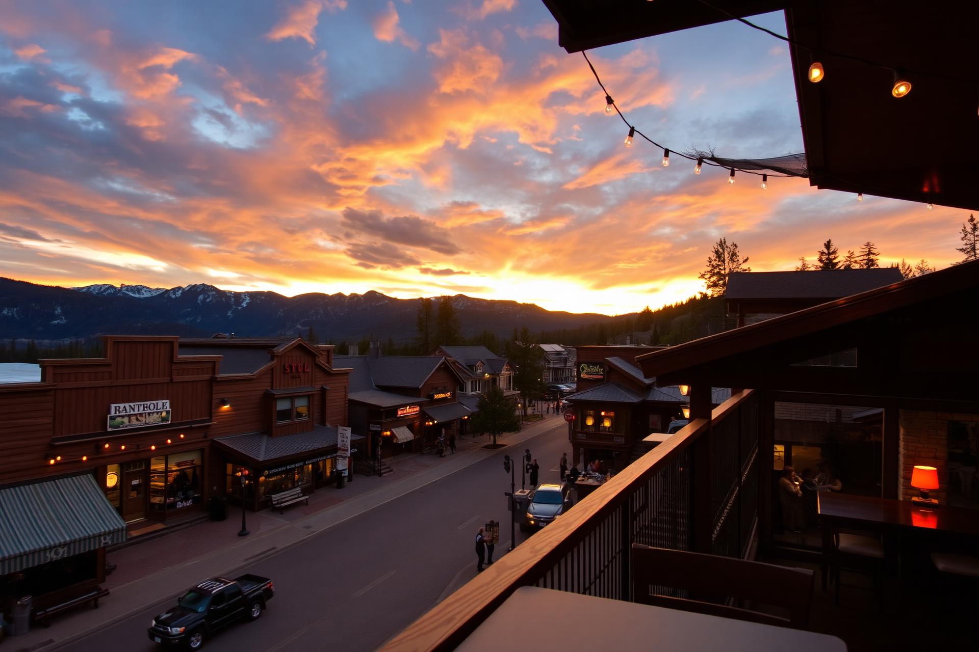 Covered balcony at golden hour overlooking Keystone's historic Main Street