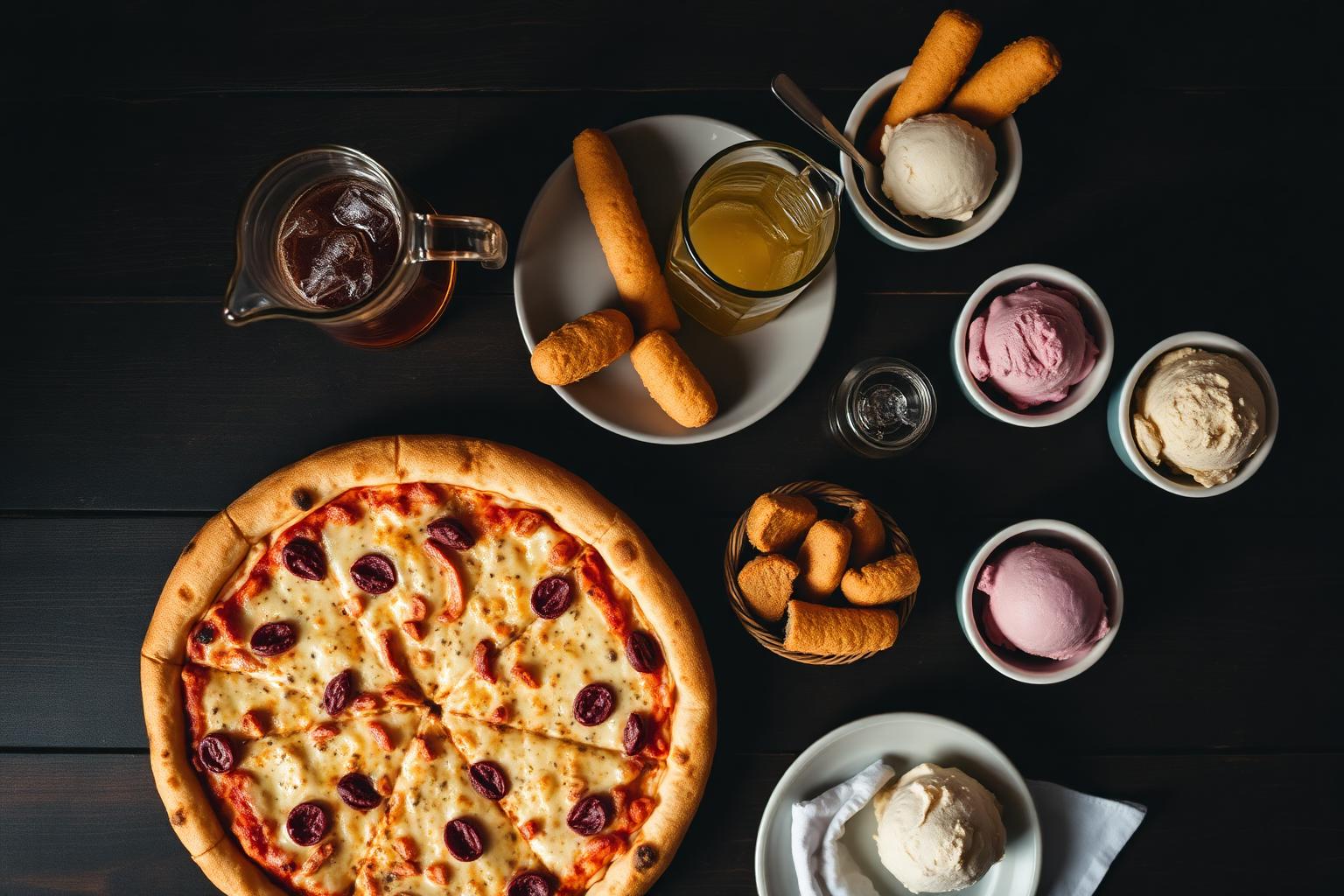 The Landmark Feast — pizza, breadsticks, soda and ice cream spread