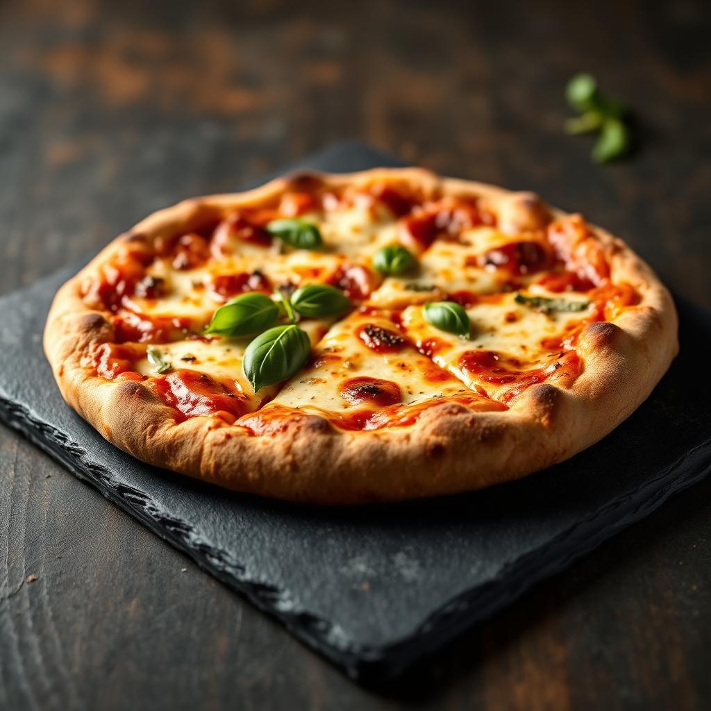 Golden gluten-free artisan pizza with fresh basil on a slate board