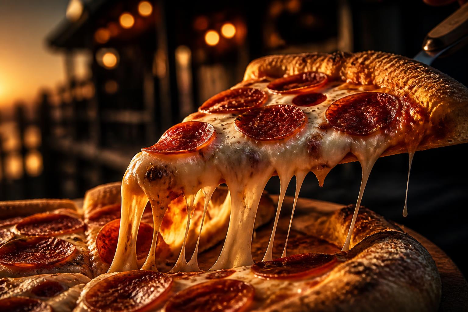 Artisan pepperoni pizza with a dramatic cheese pull above the Keystone boardwalk at golden hour